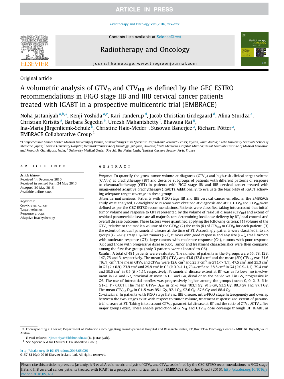 A volumetric analysis of GTVD and CTVHR as defined by the GEC ESTRO recommendations in FIGO stage IIB and IIIB cervical cancer patients treated with IGABT in a prospective multicentric trial (EMBRACE)