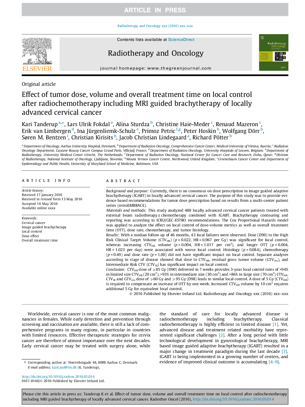 Effect of tumor dose, volume and overall treatment time on local control after radiochemotherapy including MRI guided brachytherapy of locally advanced cervical cancer