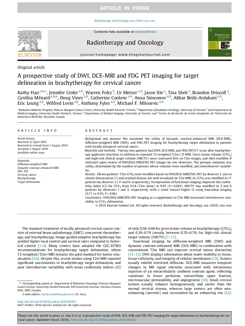 A prospective study of DWI, DCE-MRI and FDG PET imaging for target delineation in brachytherapy for cervical cancer