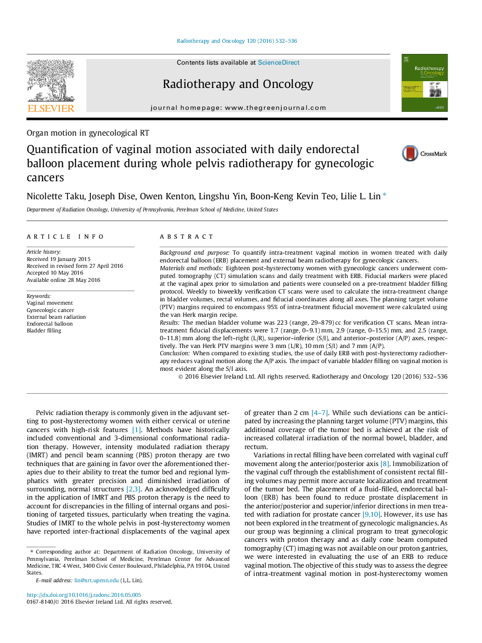 Quantification of vaginal motion associated with daily endorectal balloon placement during whole pelvis radiotherapy for gynecologic cancers