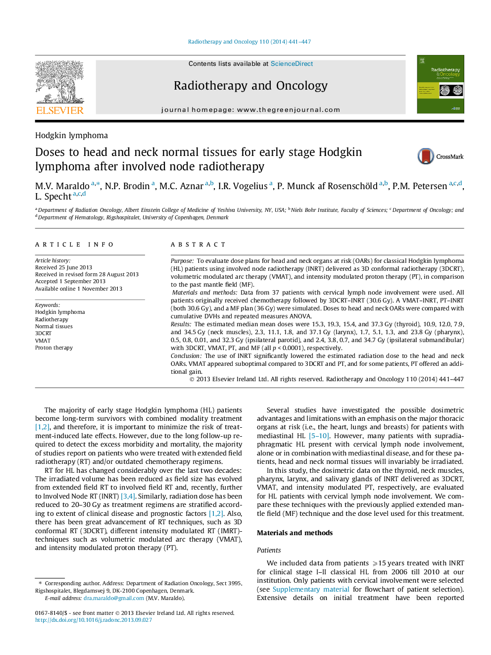 Doses to head and neck normal tissues for early stage Hodgkin lymphoma after involved node radiotherapy