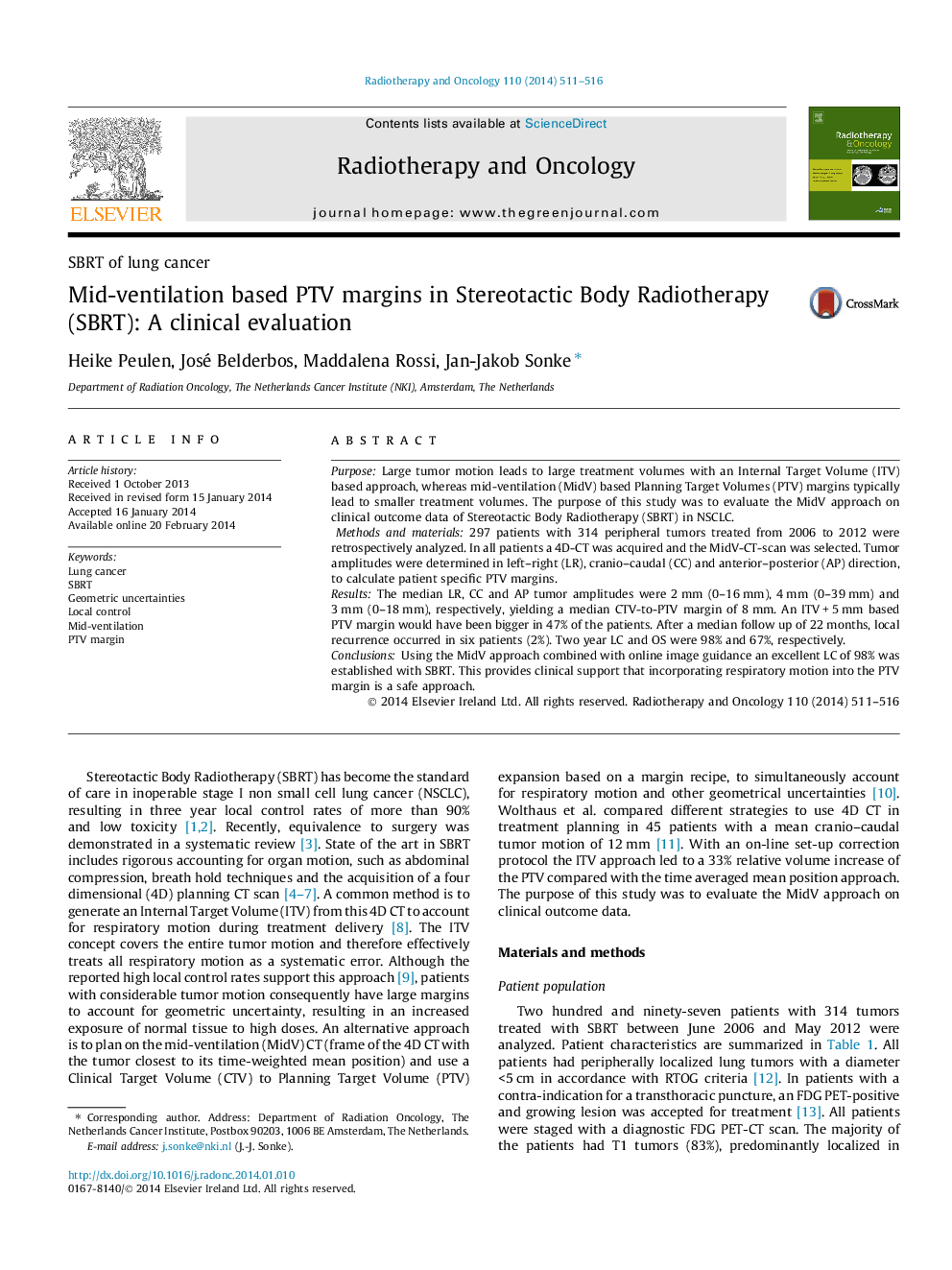 Mid-ventilation based PTV margins in Stereotactic Body Radiotherapy (SBRT): A clinical evaluation