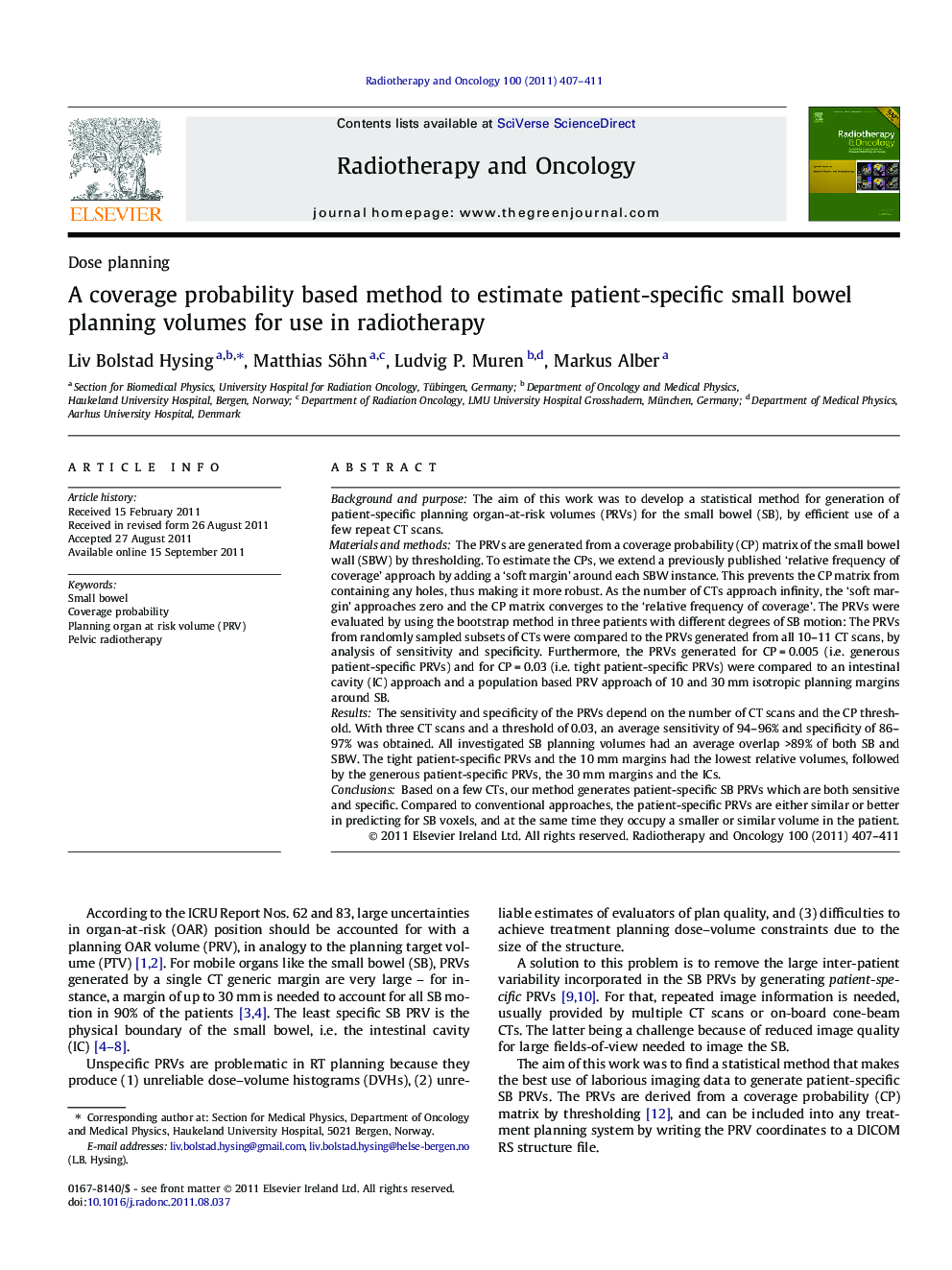 A coverage probability based method to estimate patient-specific small bowel planning volumes for use in radiotherapy