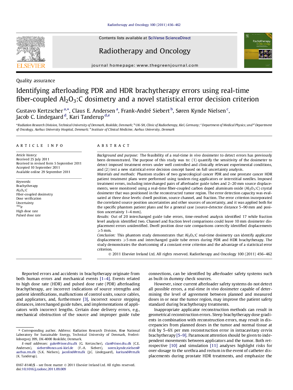 Identifying afterloading PDR and HDR brachytherapy errors using real-time fiber-coupled Al2O3:C dosimetry and a novel statistical error decision criterion