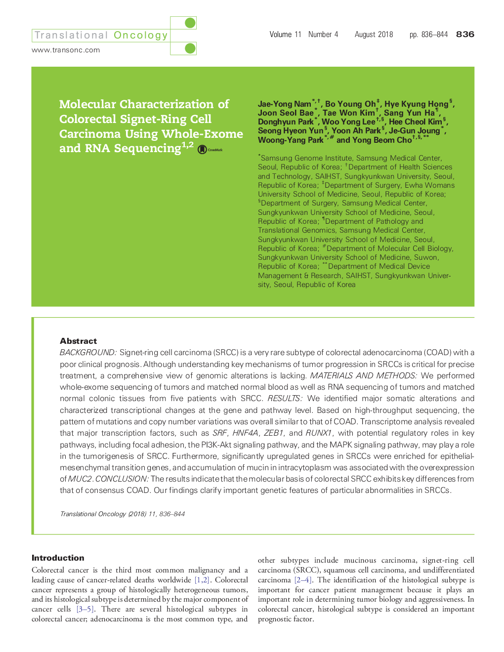 Molecular Characterization of Colorectal Signet-Ring Cell Carcinoma Using Whole-Exome and RNA Sequencing
