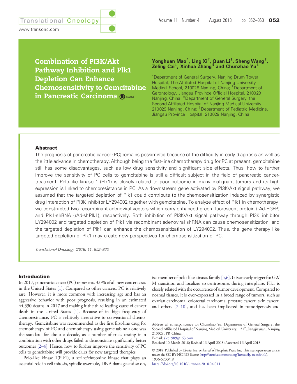 Combination of PI3K/Akt Pathway Inhibition and Plk1 Depletion Can Enhance Chemosensitivity to Gemcitabine in Pancreatic Carcinoma
