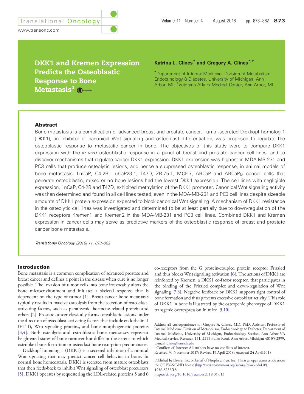 DKK1 and Kremen Expression Predicts the Osteoblastic Response to Bone Metastasis