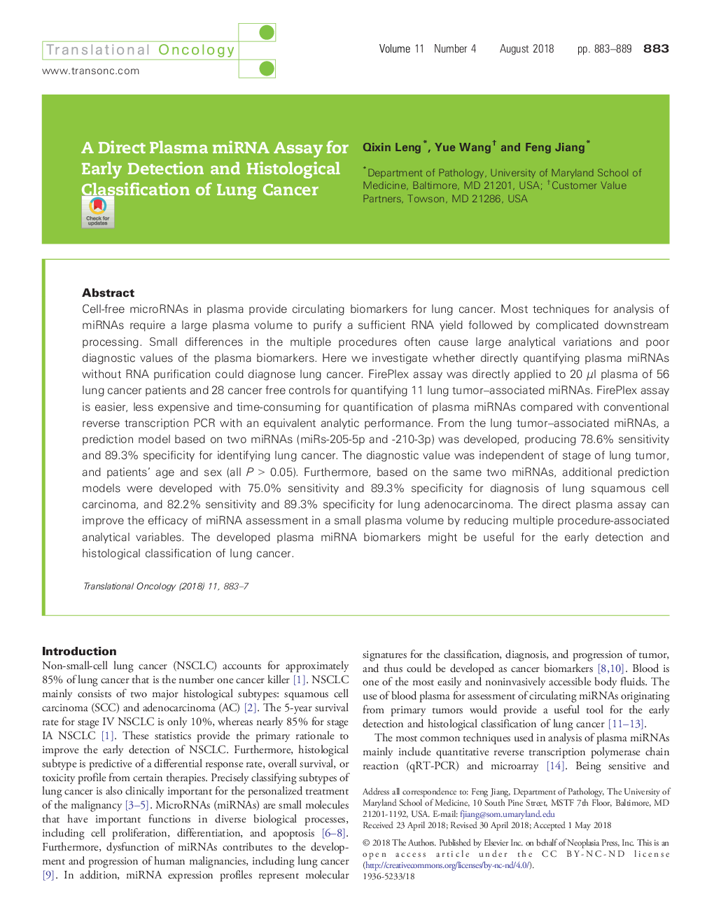 A Direct Plasma miRNA Assay for Early Detection and Histological Classification of Lung Cancer
