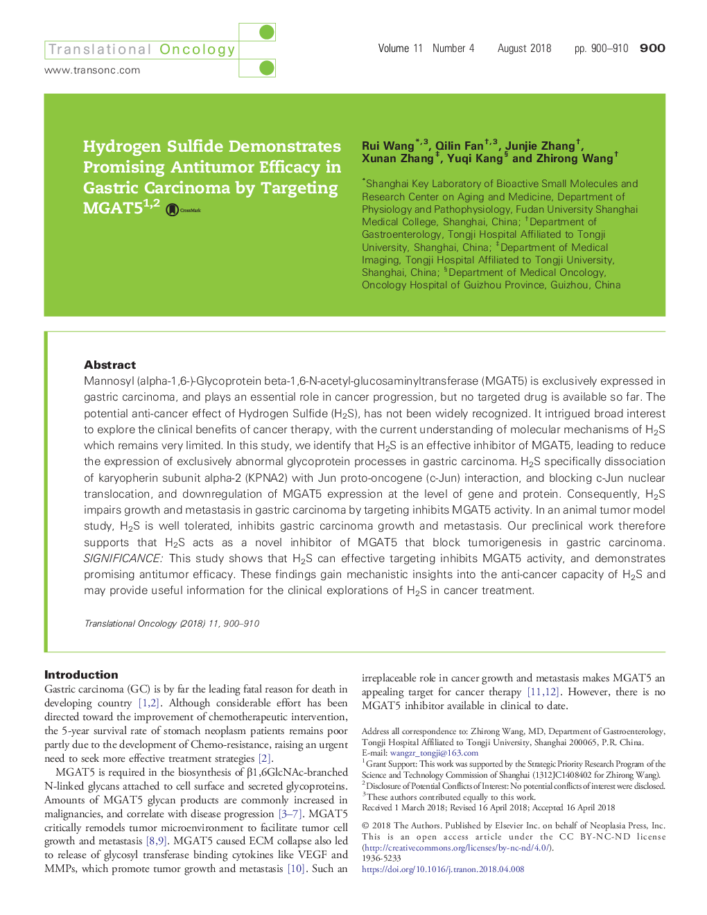 Hydrogen Sulfide Demonstrates Promising Antitumor Efficacy in Gastric Carcinoma by Targeting MGAT5