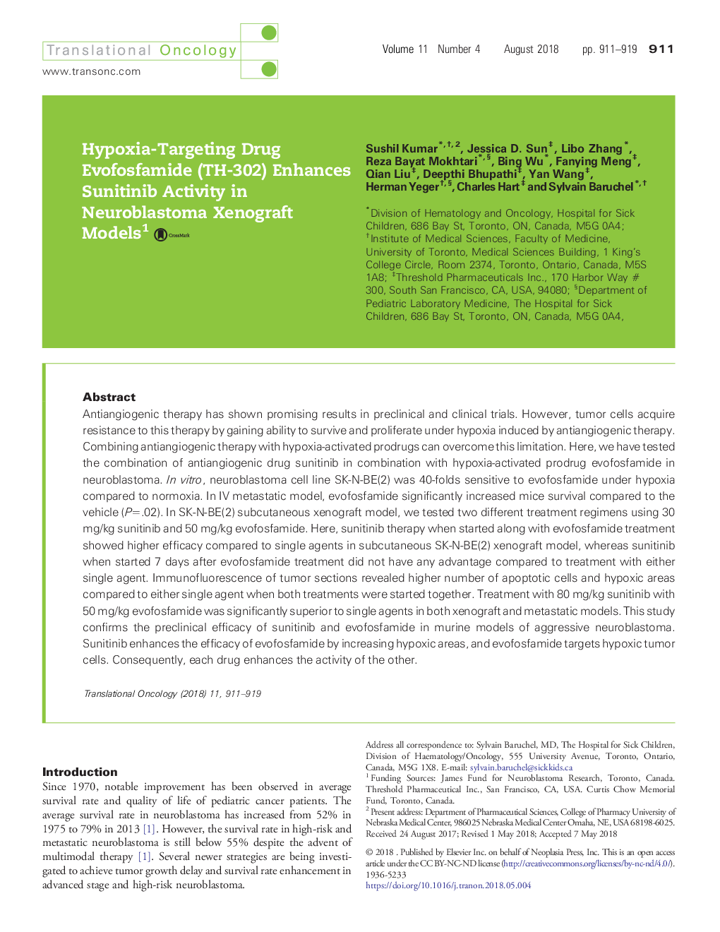 Hypoxia-Targeting Drug Evofosfamide (TH-302) Enhances Sunitinib Activity in Neuroblastoma Xenograft Models