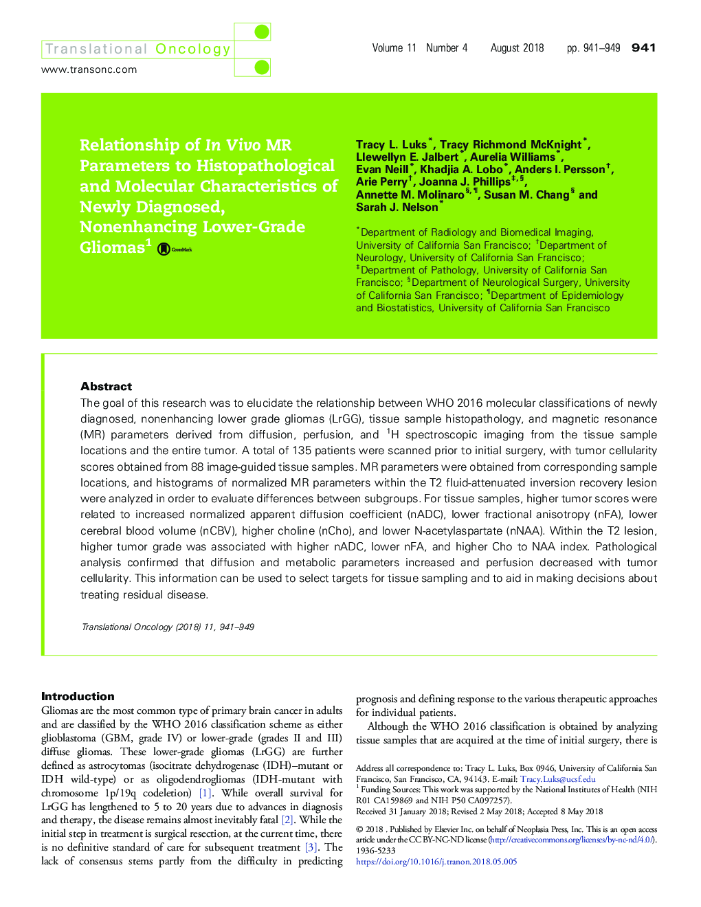 Relationship of In Vivo MR Parameters to Histopathological and Molecular Characteristics of Newly Diagnosed, Nonenhancing Lower-Grade Gliomas