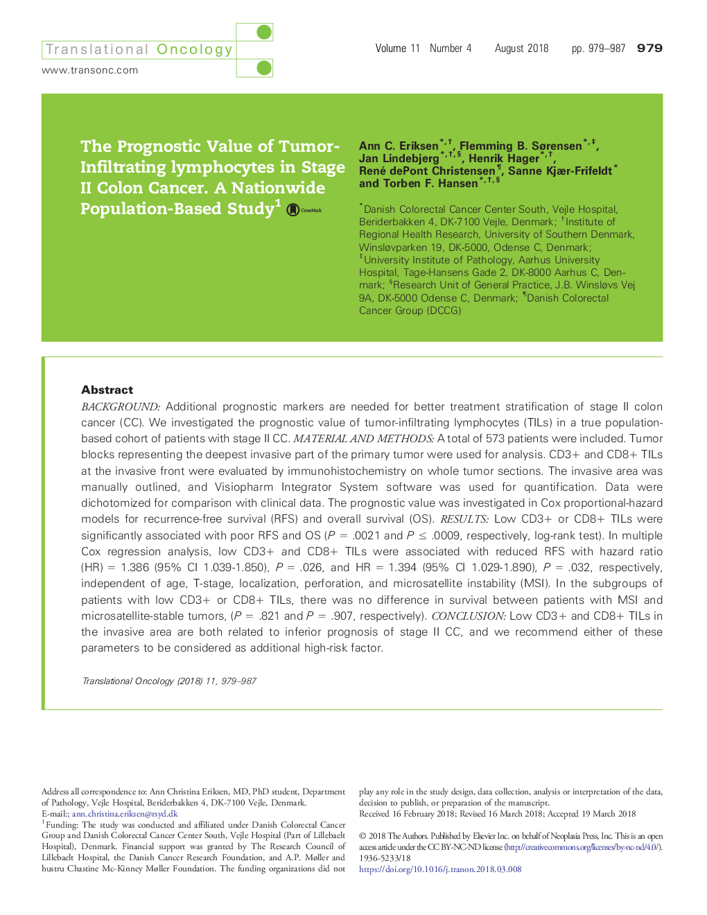 The Prognostic Value of Tumor-Infiltrating lymphocytes in Stage II Colon Cancer. A Nationwide Population-Based Study