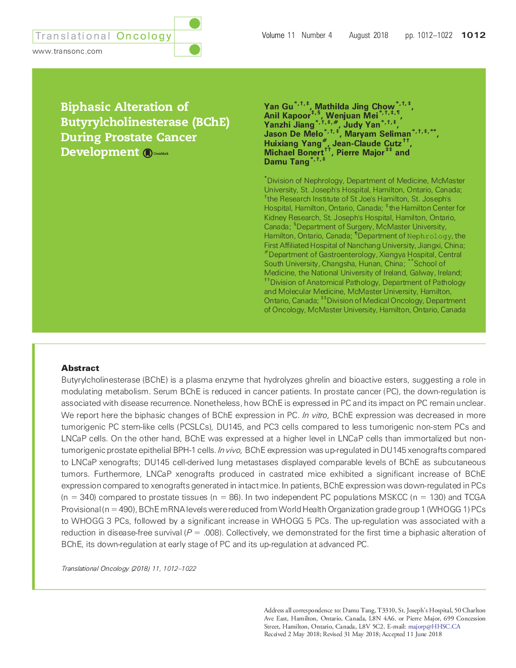 Biphasic Alteration of Butyrylcholinesterase (BChE) During Prostate Cancer Development