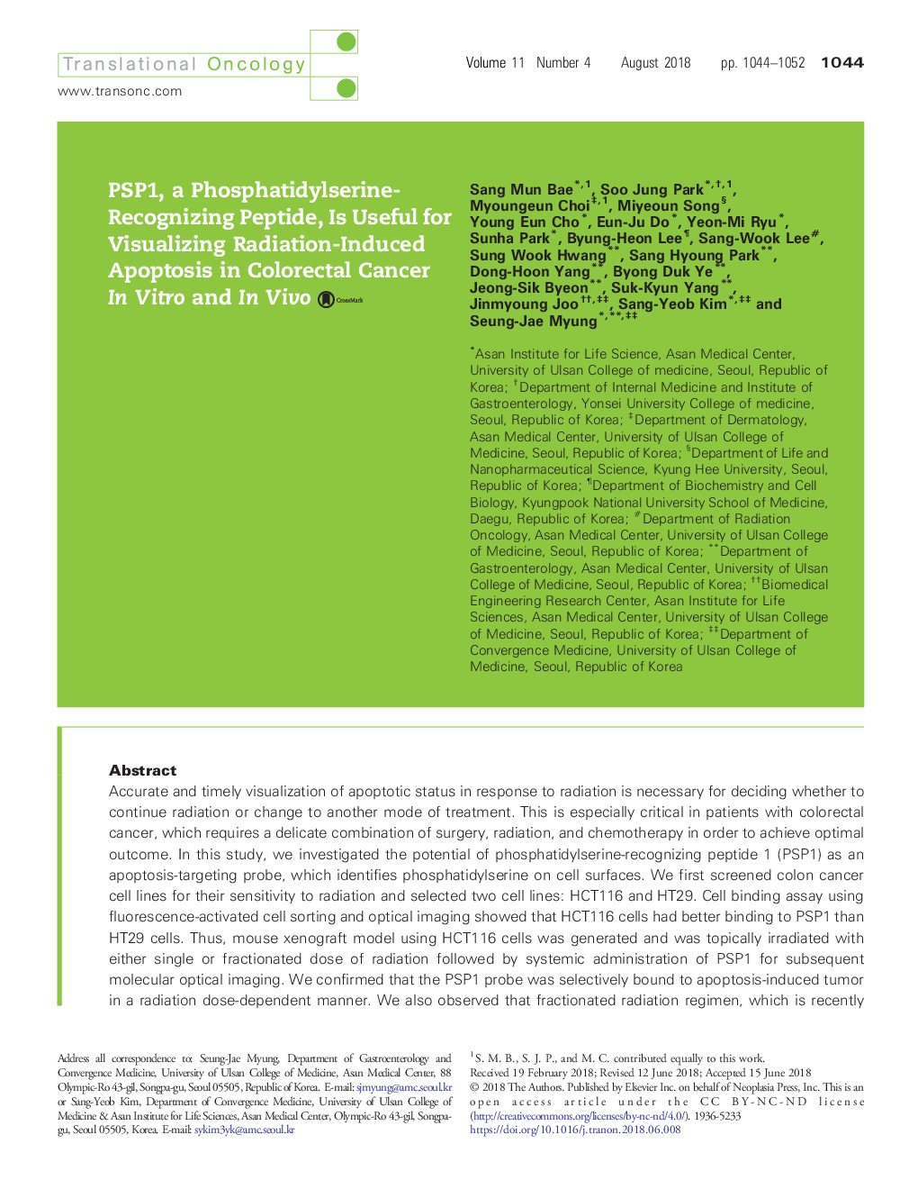 PSP1, a Phosphatidylserine-Recognizing Peptide, Is Useful for Visualizing Radiation-Induced Apoptosis in Colorectal Cancer In Vitro and In Vivo