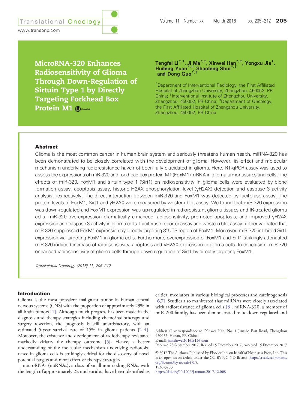 عکس صفحه اول مقاله: MicroRNA-320 Enhances Radiosensitivity of Glioma Through Down-Regulation of Sirtuin Type 1 by Directly Targeting Forkhead Box Protein M1 MicroRNA-320 Enhances Radiosensitivity of Glioma Through Down-Regulation of Sirtuin Type 1 by Directly Targeting Forkhead Box Protein M1