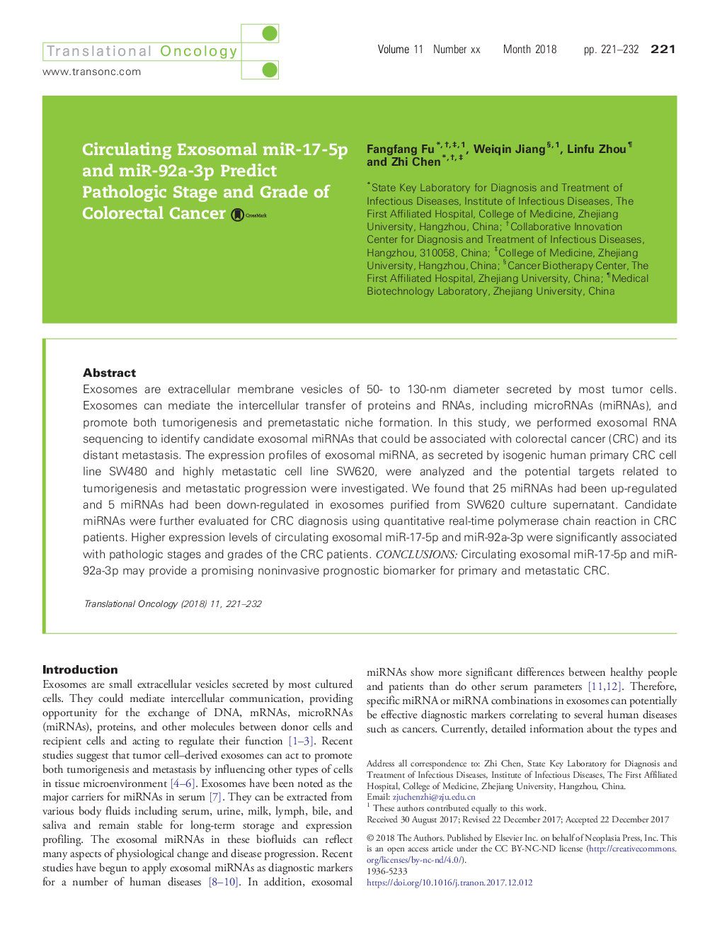 عکس صفحه اول مقاله: Circulating Exosomal miR-17-5p and miR-92a-3p Predict Pathologic Stage and Grade of Colorectal Cancer Circulating Exosomal miR-17-5p and miR-92a-3p Predict Pathologic Stage and Grade of Colorectal Cancer