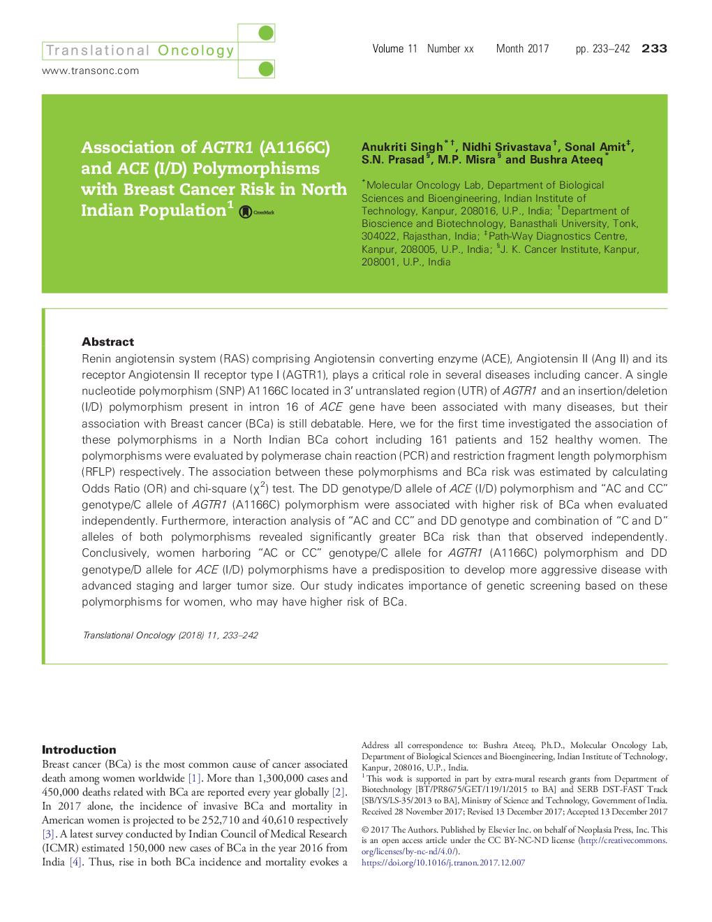 Association of AGTR1 (A1166C) and ACE (I/D) Polymorphisms with Breast Cancer Risk in North Indian Population