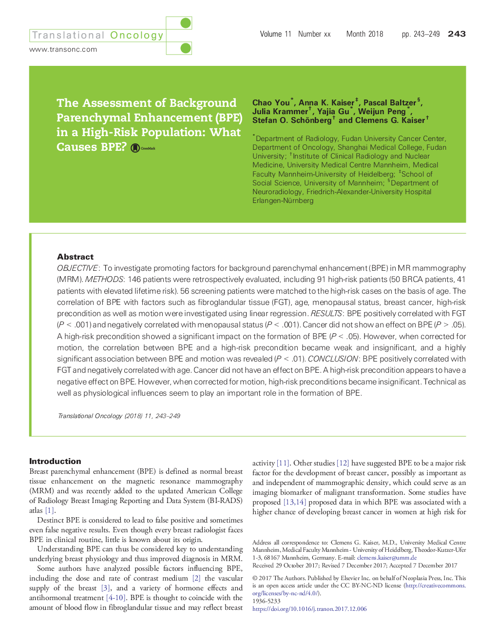 عکس صفحه اول مقاله: The Assessment of Background Parenchymal Enhancement (BPE) in a High-Risk Population: What Causes BPE? The Assessment of Background Parenchymal Enhancement (BPE) in a High-Risk Population: What Causes BPE?