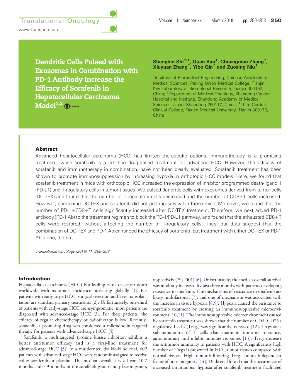 عکس صفحه اول مقاله: Dendritic Cells Pulsed with Exosomes in Combination with PD-1 Antibody Increase the Efficacy of Sorafenib in Hepatocellular Carcinoma Model Dendritic Cells Pulsed with Exosomes in Combination with PD-1 Antibody Increase the Efficacy of Sorafenib in Hepatocellular Carcinoma Model