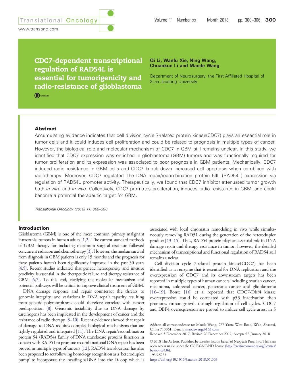 عکس صفحه اول مقاله: CDC7-dependent transcriptional regulation of RAD54L is essential for tumorigenicity and radio-resistance of glioblastoma CDC7-dependent transcriptional regulation of RAD54L is essential for tumorigenicity and radio-resistance of glioblastoma