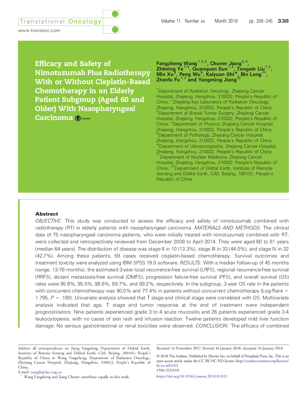 عکس صفحه اول مقاله: Efficacy and Safety of Nimotuzumab Plus Radiotherapy With or Without Cisplatin-Based Chemotherapy in an Elderly Patient Subgroup (Aged 60 and Older) With Nasopharyngeal Carcinoma Efficacy and Safety of Nimotuzumab Plus Radiotherapy With or Without Cisplatin-Based Chemotherapy in an Elderly Patient Subgroup (Aged 60 and Older) With Nasopharyngeal Carcinoma