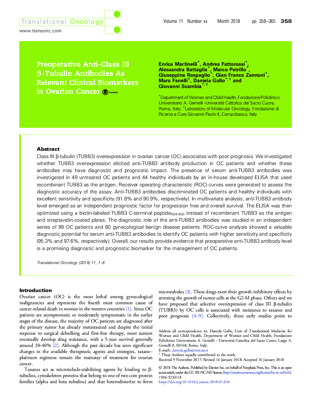 عکس صفحه اول مقاله: Preoperative Anti-Class III β-Tubulin Antibodies As Relevant Clinical Biomarkers in Ovarian Cancer Preoperative Anti-Class III β-Tubulin Antibodies As Relevant Clinical Biomarkers in Ovarian Cancer