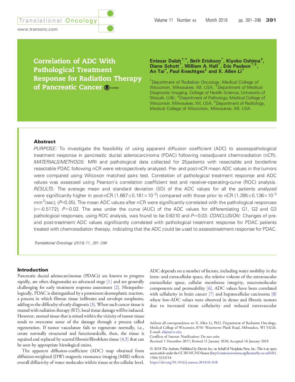عکس صفحه اول مقاله: Correlation of ADC With Pathological Treatment Response for Radiation Therapy of Pancreatic Cancer Correlation of ADC With Pathological Treatment Response for Radiation Therapy of Pancreatic Cancer