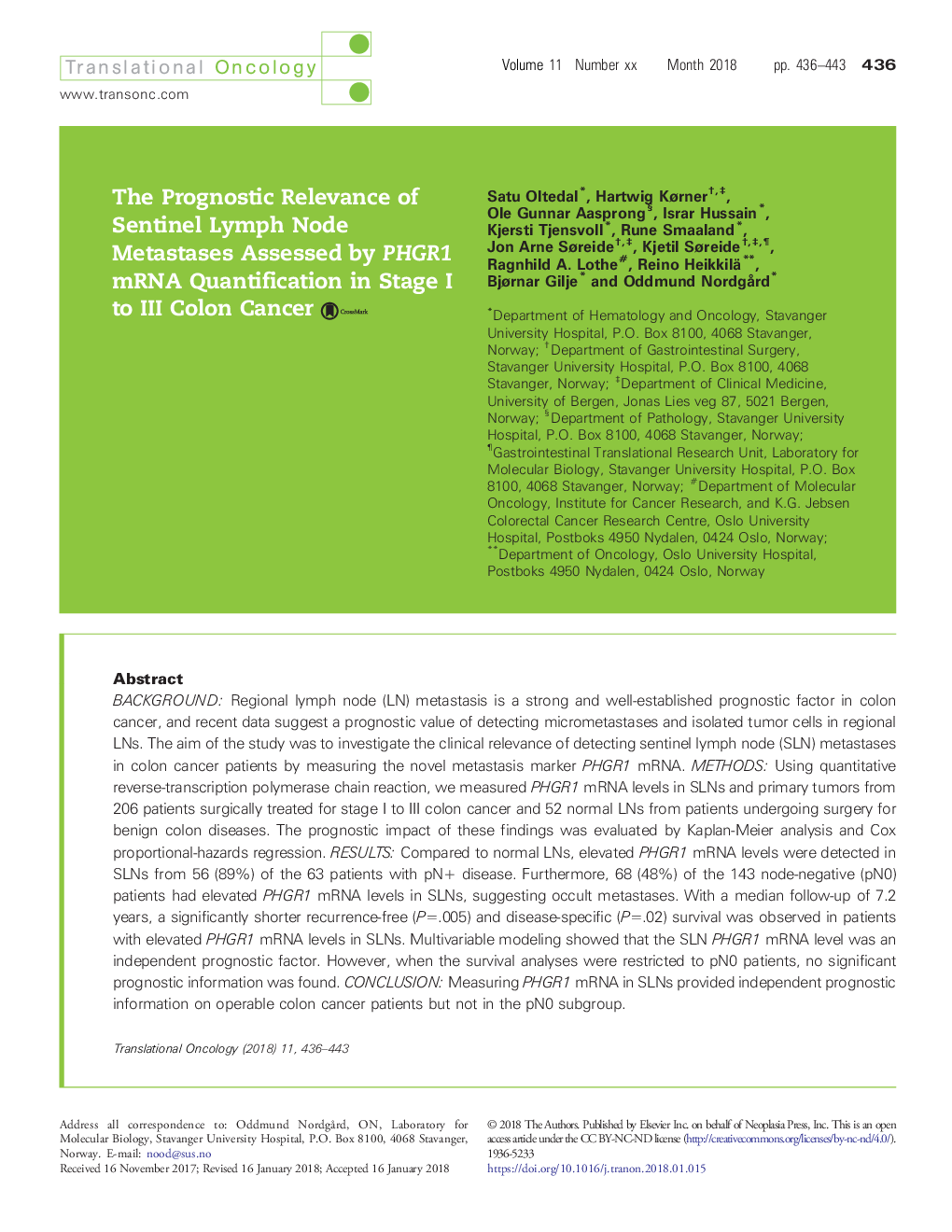عکس صفحه اول مقاله: The Prognostic Relevance of Sentinel Lymph Node Metastases Assessed by PHGR1 mRNA Quantification in Stage I to III Colon Cancer The Prognostic Relevance of Sentinel Lymph Node Metastases Assessed by PHGR1 mRNA Quantification in Stage I to III Colon Cancer