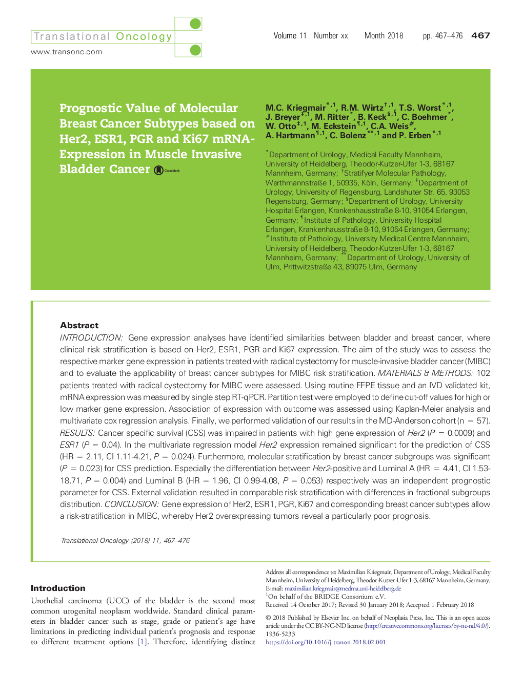 عکس صفحه اول مقاله: Prognostic Value of Molecular Breast Cancer Subtypes based on Her2, ESR1, PGR and Ki67 mRNA-Expression in Muscle Invasive Bladder Cancer Prognostic Value of Molecular Breast Cancer Subtypes based on Her2, ESR1, PGR and Ki67 mRNA-Expression in Muscle Invasive Bladder Cancer