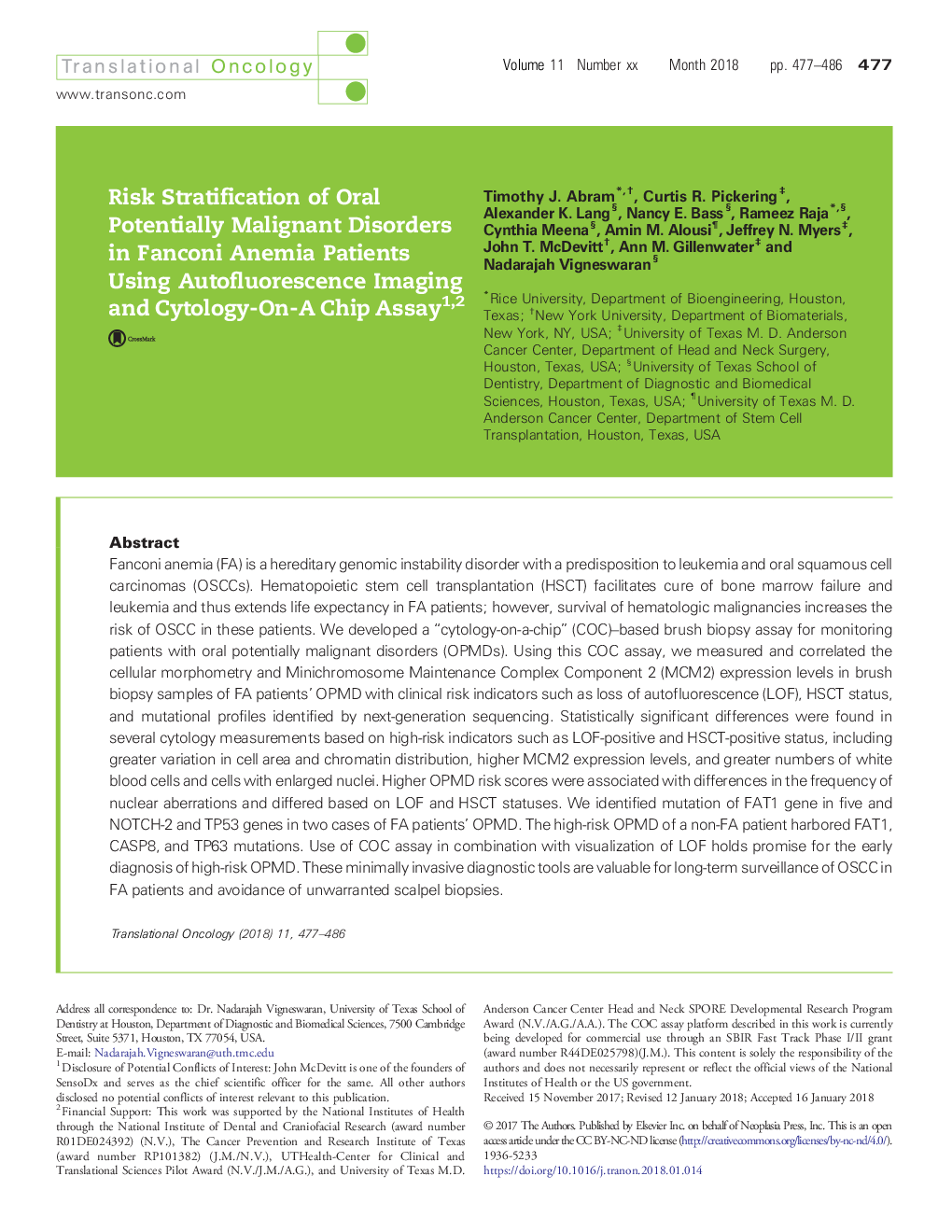 عکس صفحه اول مقاله: Risk Stratification of Oral Potentially Malignant Disorders in Fanconi Anemia Patients Using Autofluorescence Imaging and Cytology-On-A Chip Assay Risk Stratification of Oral Potentially Malignant Disorders in Fanconi Anemia Patients Using Autofluorescence Imaging and Cytology-On-A Chip Assay