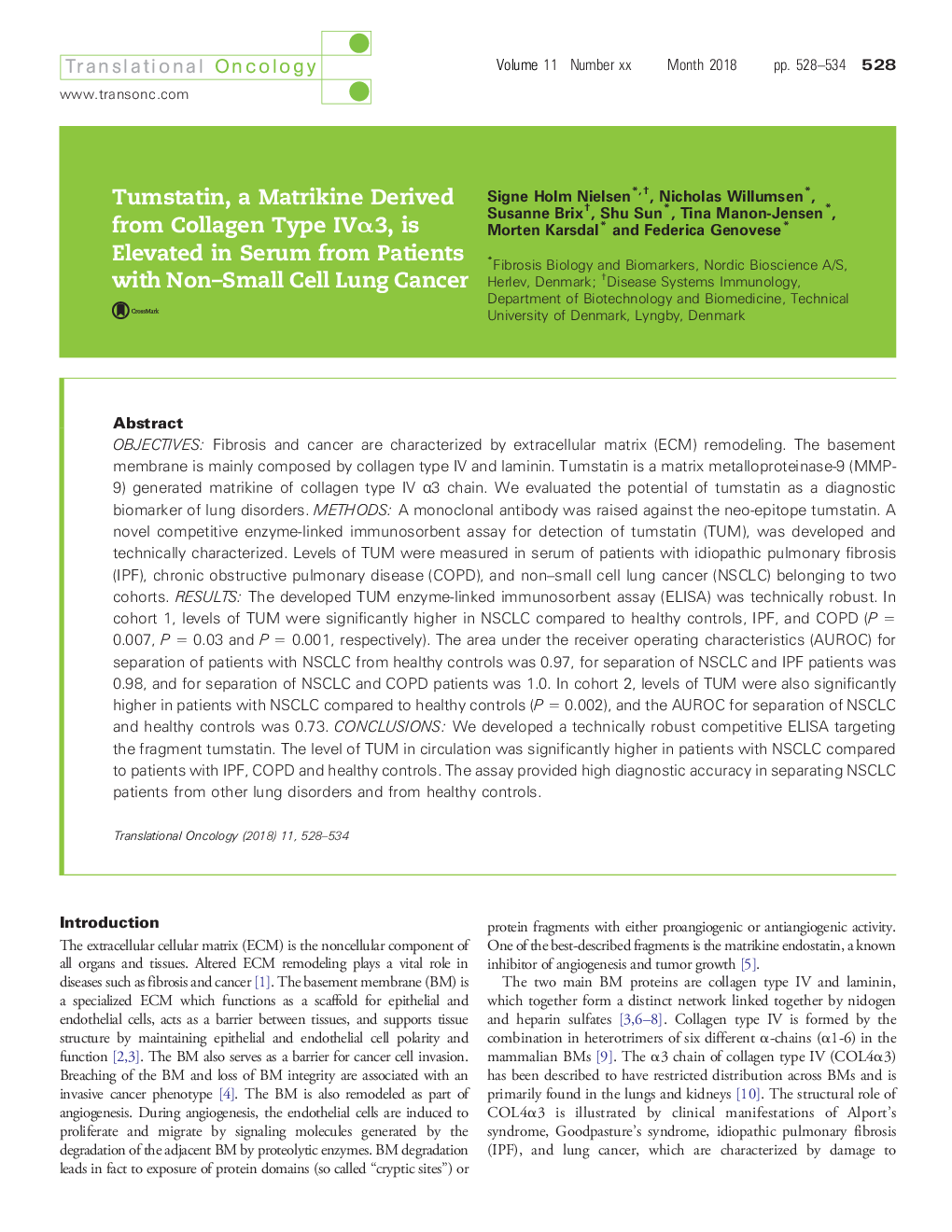Tumstatin, a Matrikine Derived from Collagen Type IVÎ±3, is Elevated in Serum from Patients with Non-Small Cell Lung Cancer