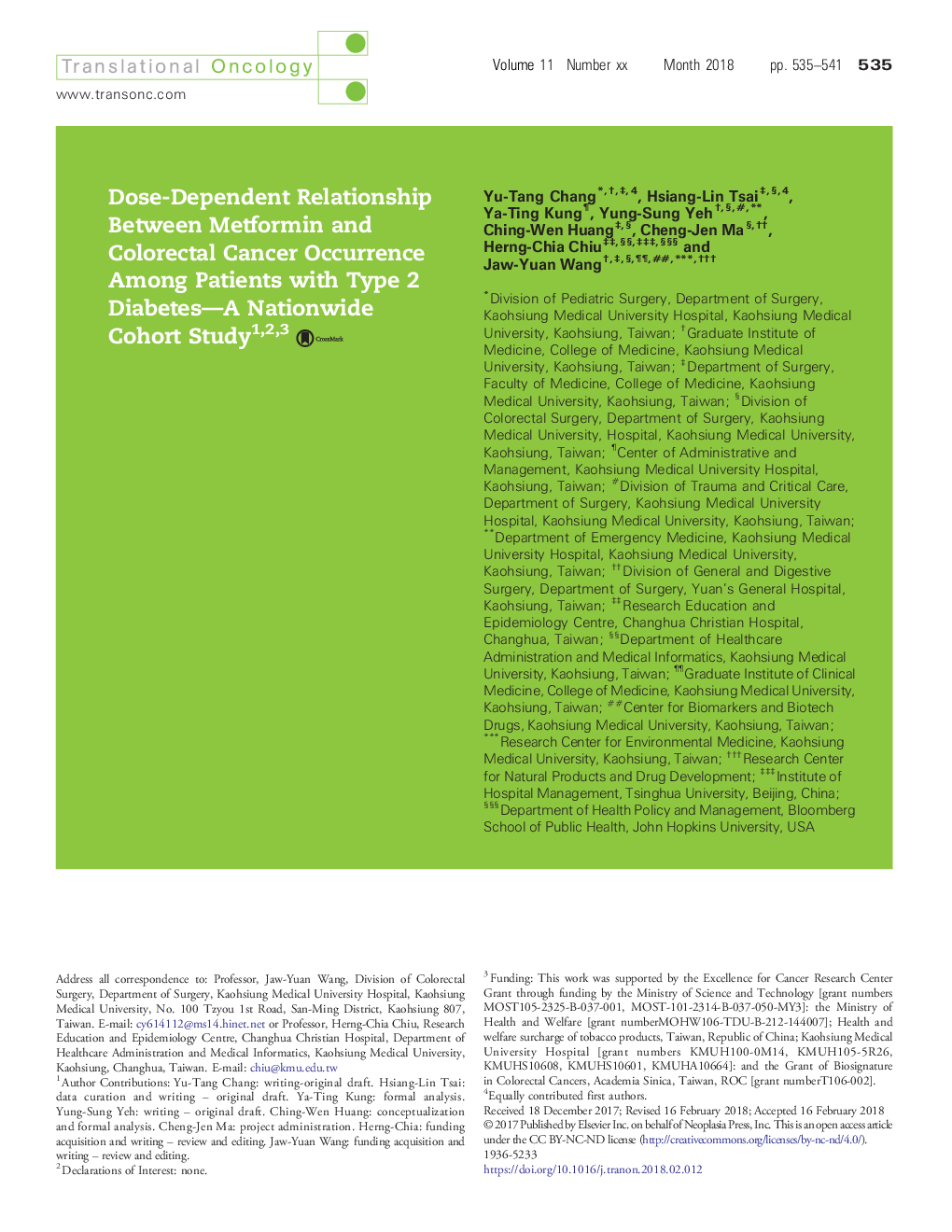 عکس صفحه اول مقاله: Dose-Dependent Relationship Between Metformin and Colorectal Cancer Occurrence Among Patients with Type 2 Diabetes-A Nationwide Cohort Study Dose-Dependent Relationship Between Metformin and Colorectal Cancer Occurrence Among Patients with Type 2 Diabetes-A Nationwide Cohort Study