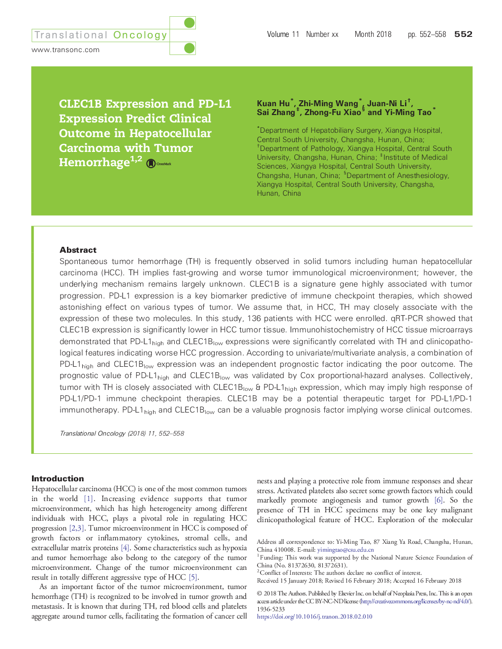 عکس صفحه اول مقاله: CLEC1B Expression and PD-L1 Expression Predict Clinical Outcome in Hepatocellular Carcinoma with Tumor Hemorrhage CLEC1B Expression and PD-L1 Expression Predict Clinical Outcome in Hepatocellular Carcinoma with Tumor Hemorrhage