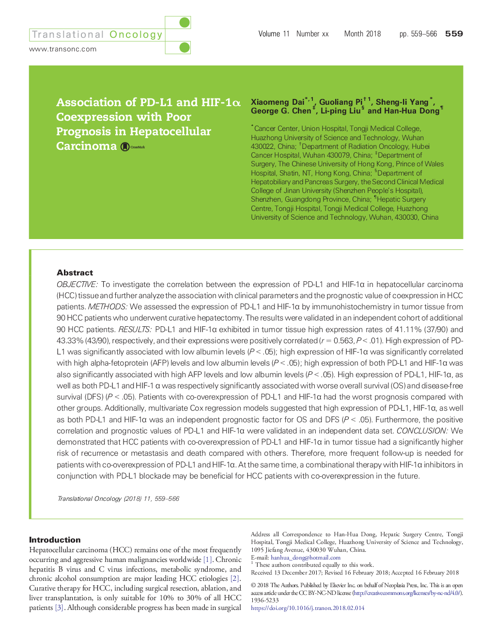 عکس صفحه اول مقاله: Association of PD-L1 and HIF-1α Coexpression with Poor Prognosis in Hepatocellular Carcinoma Association of PD-L1 and HIF-1α Coexpression with Poor Prognosis in Hepatocellular Carcinoma