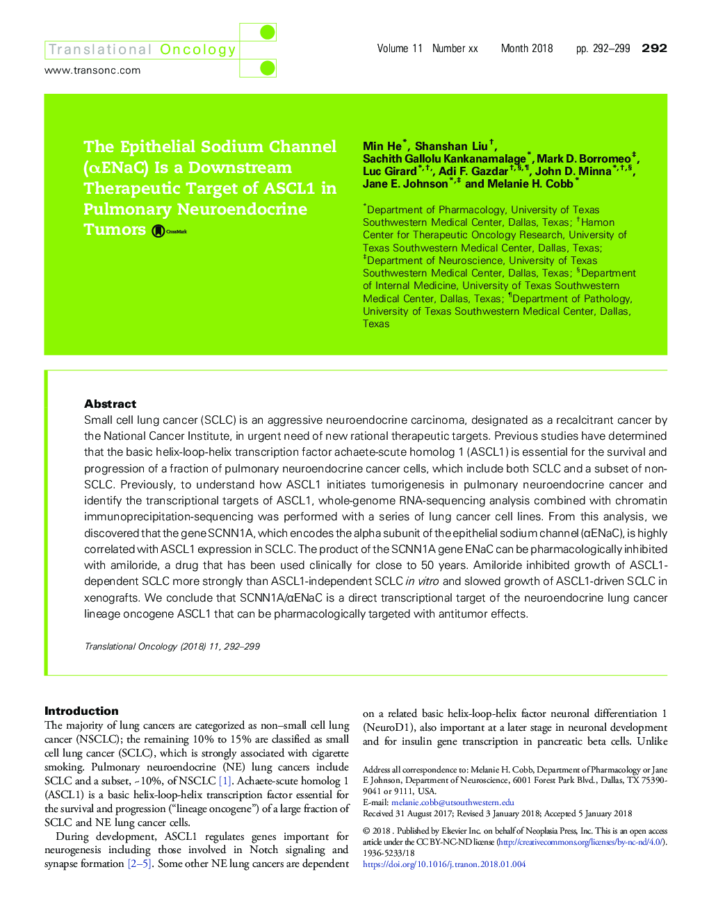 عکس صفحه اول مقاله: The Epithelial Sodium Channel (αENaC) Is a Downstream Therapeutic Target of ASCL1 in Pulmonary Neuroendocrine Tumors The Epithelial Sodium Channel (αENaC) Is a Downstream Therapeutic Target of ASCL1 in Pulmonary Neuroendocrine Tumors