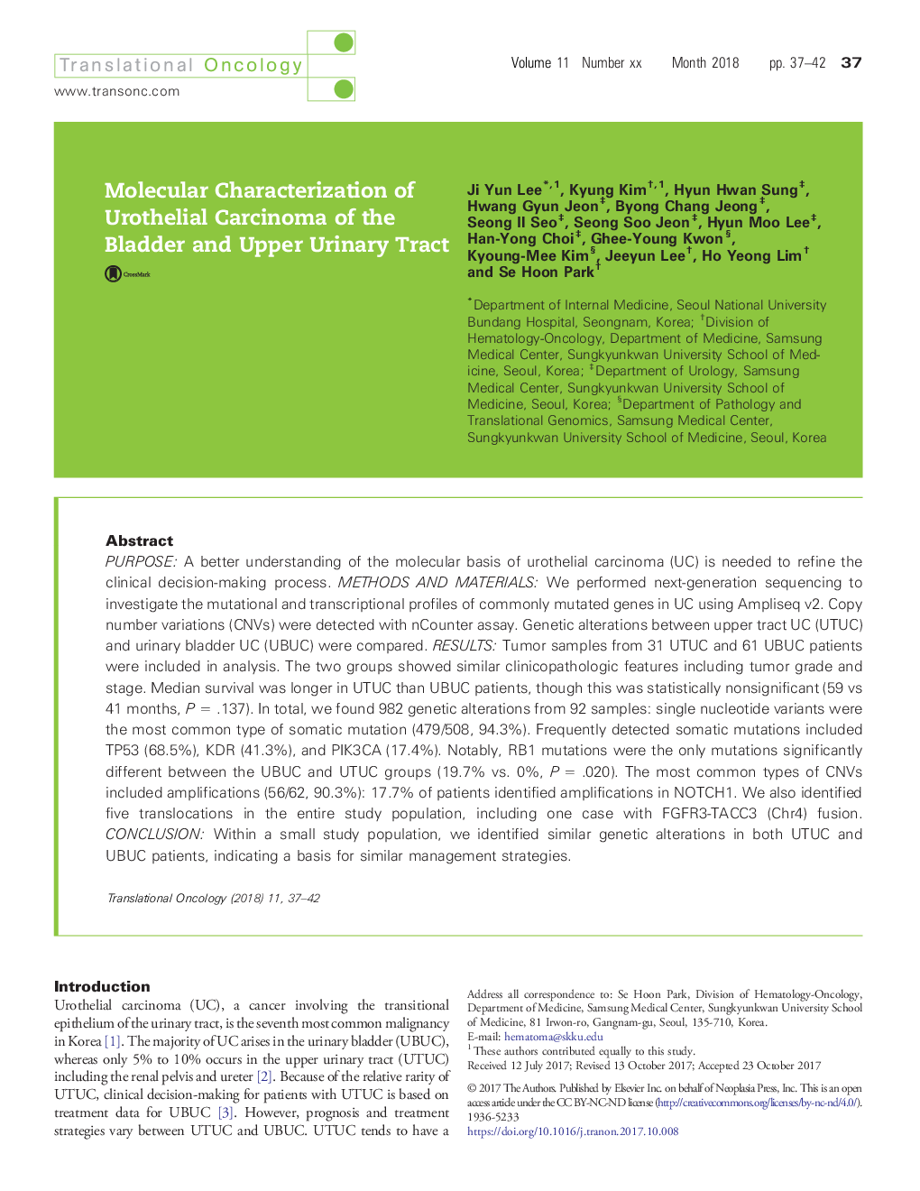 Molecular Characterization of Urothelial Carcinoma of the Bladder and Upper Urinary Tract