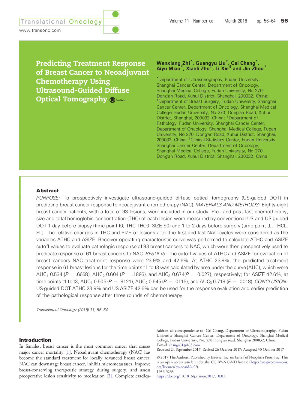 Predicting Treatment Response of Breast Cancer to Neoadjuvant Chemotherapy Using Ultrasound-Guided Diffuse Optical Tomography