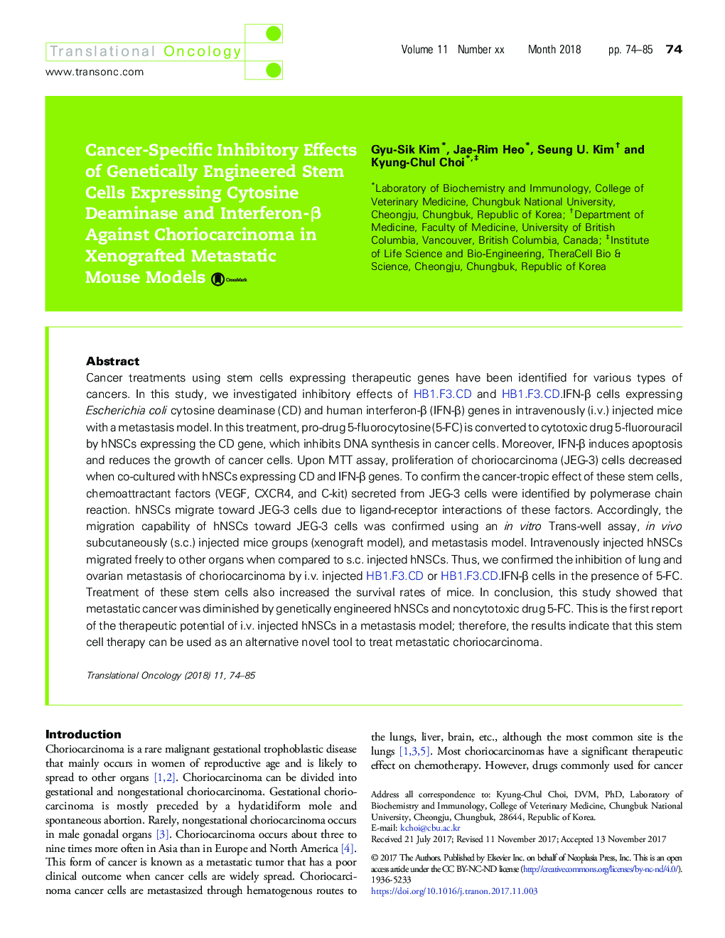 Cancer-Specific Inhibitory Effects of Genetically Engineered Stem Cells Expressing Cytosine Deaminase and Interferon-Î² Against Choriocarcinoma in Xenografted Metastatic Mouse Models