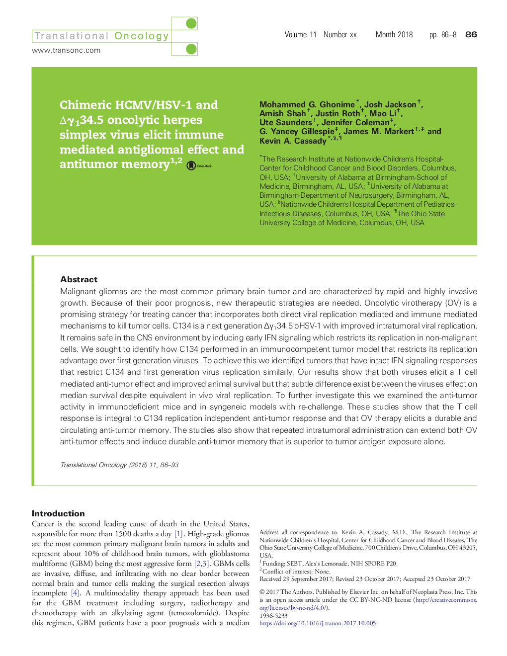 Chimeric HCMV/HSV-1 and ÎÎ³134.5 oncolytic herpes simplex virus elicit immune mediated antigliomal effect and antitumor memory