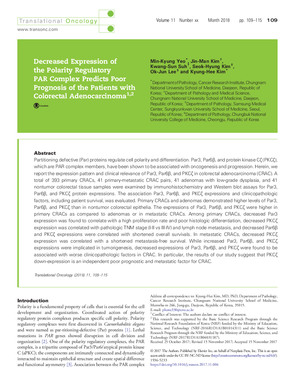 Decreased Expression of the Polarity Regulatory PAR Complex Predicts Poor Prognosis of the Patients with Colorectal Adenocarcinoma