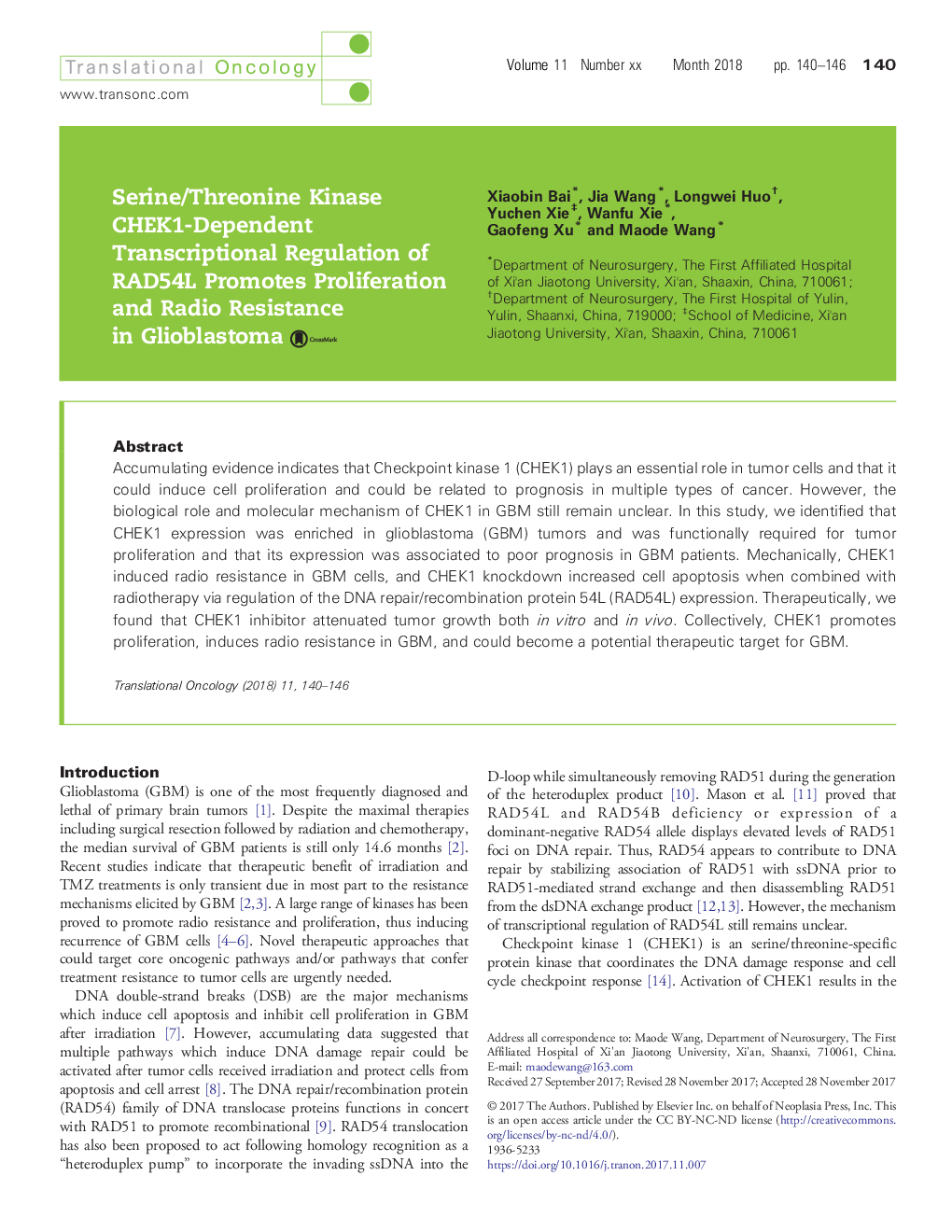 Serine/Threonine Kinase CHEK1-Dependent Transcriptional Regulation of RAD54L Promotes Proliferation and Radio Resistance in Glioblastoma