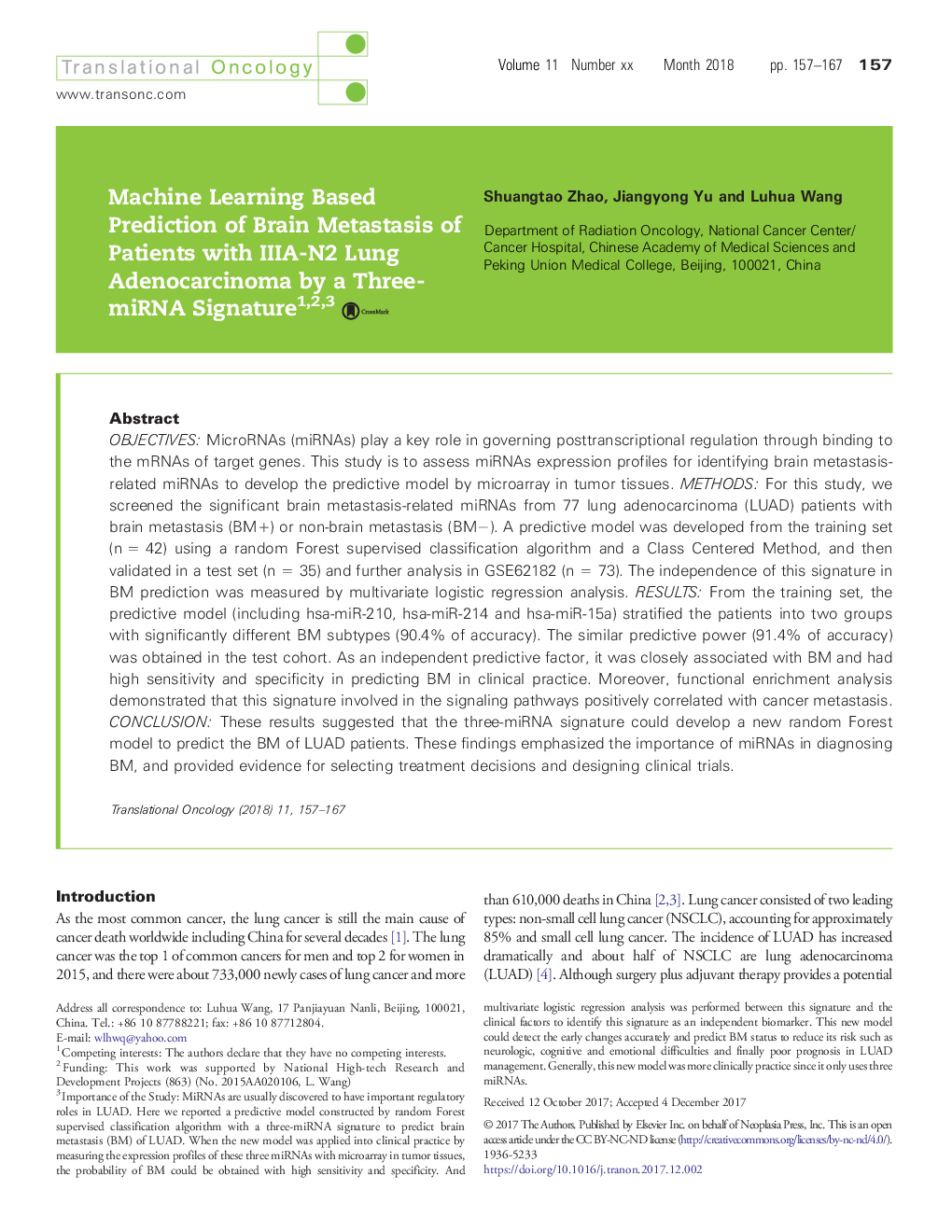Machine Learning Based Prediction of Brain Metastasis of Patients with IIIA-N2 Lung Adenocarcinoma by a Three-miRNA Signature