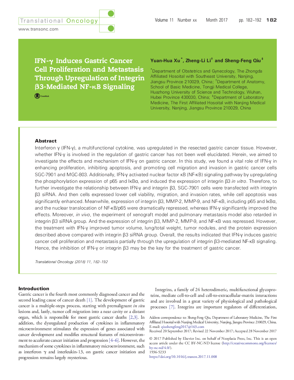 IFN-Î³ Induces Gastric Cancer Cell Proliferation and Metastasis Through Upregulation of Integrin Î²3-Mediated NF-ÎºB Signaling
