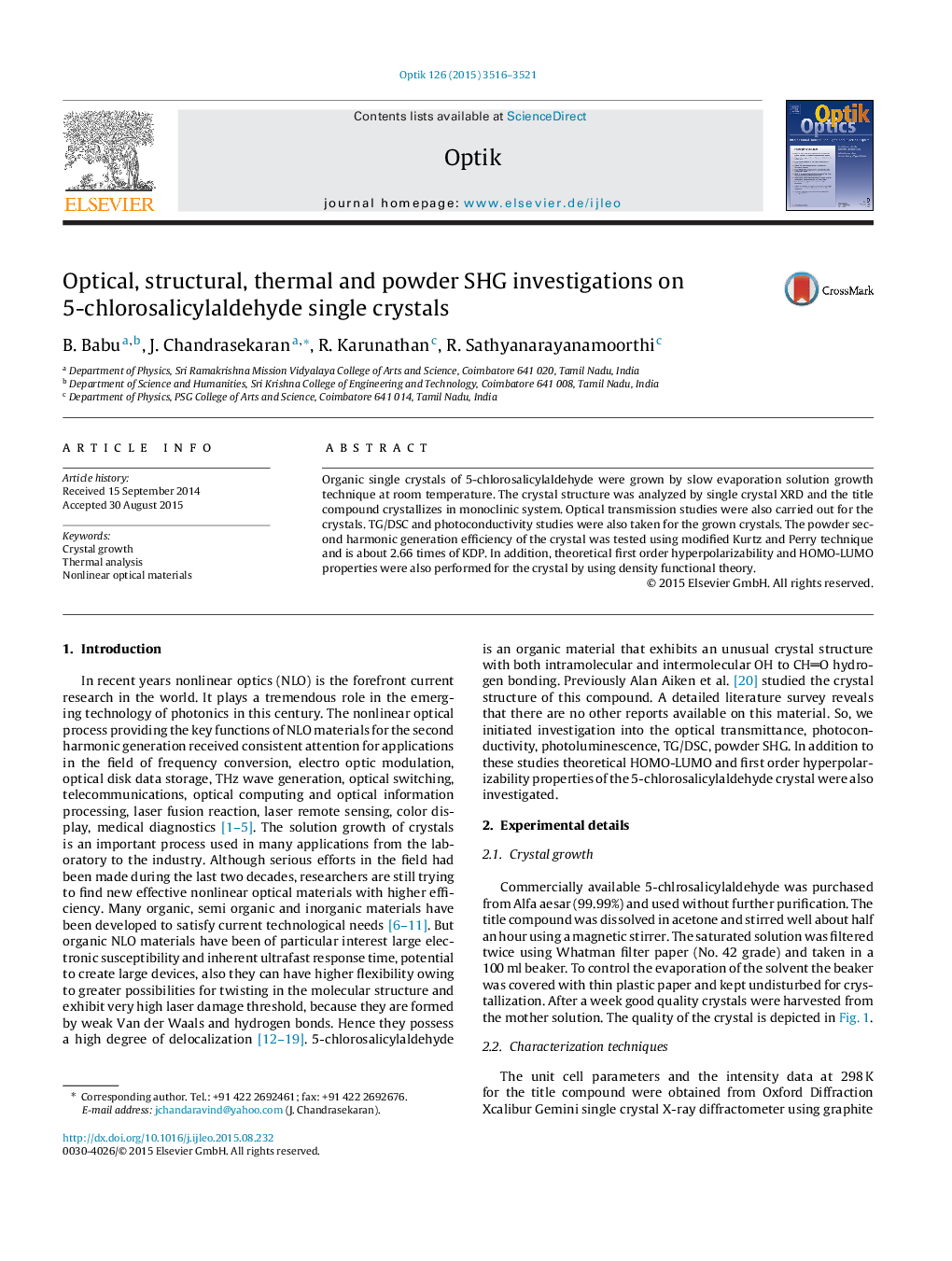 عکس صفحه اول مقاله: Optical, structural, thermal and powder SHG investigations on 5-chlorosalicylaldehyde single crystals Optical, structural, thermal and powder SHG investigations on 5-chlorosalicylaldehyde single crystals