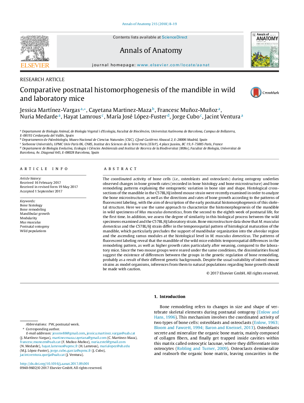 Comparative postnatal histomorphogenesis of the mandible in wild and laboratory mice