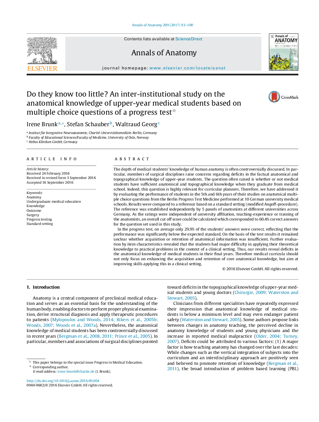 Do they know too little? An inter-institutional study on the anatomical knowledge of upper-year medical students based on multiple choice questions of a progress test