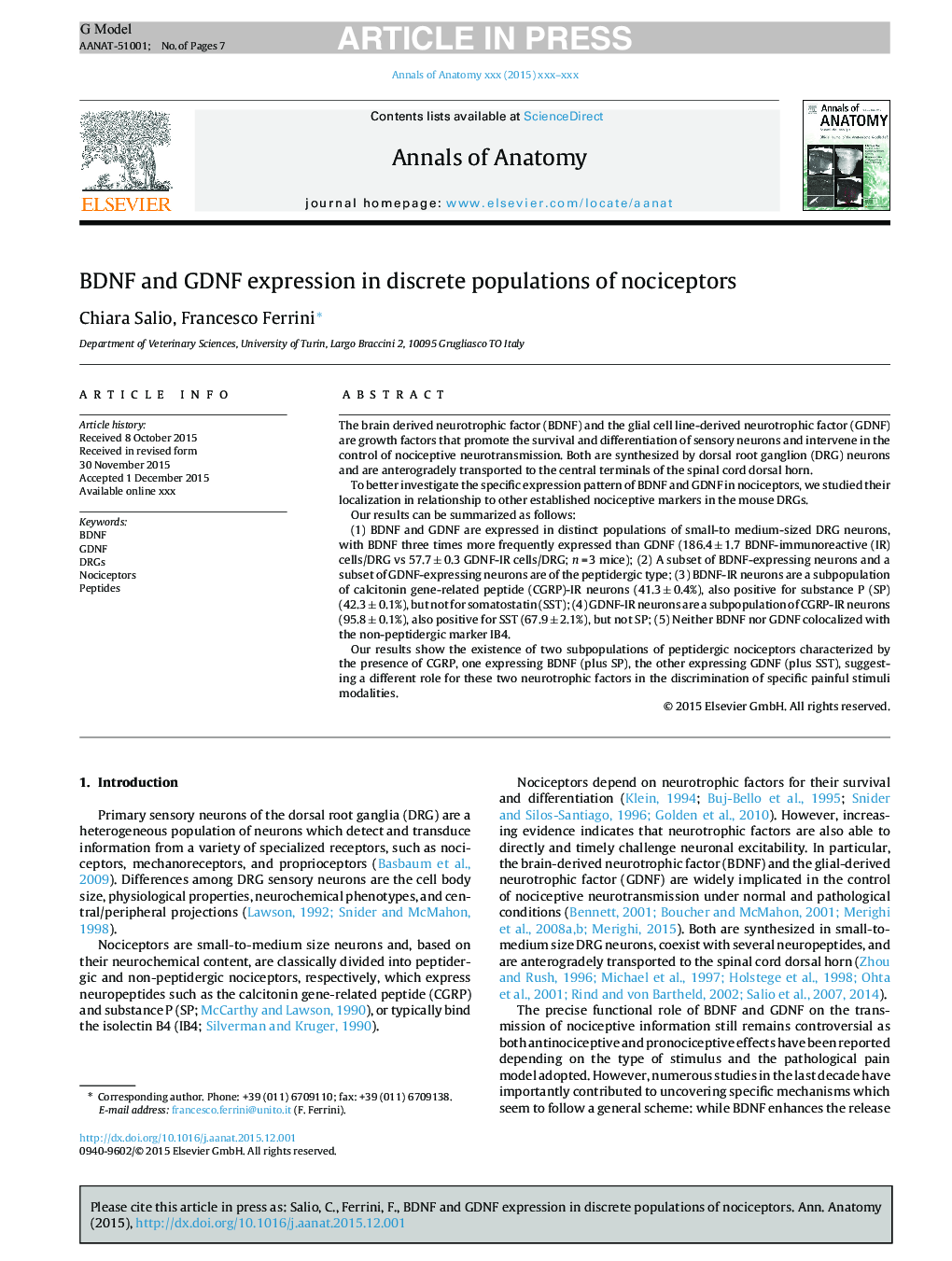 BDNF and GDNF expression in discrete populations of nociceptors