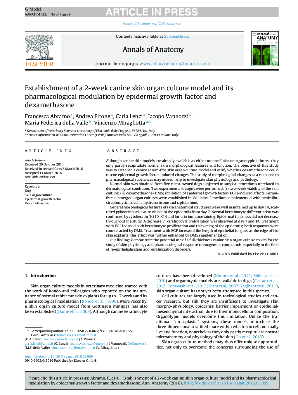 Establishment of a 2-week canine skin organ culture model and its pharmacological modulation by epidermal growth factor and dexamethasone