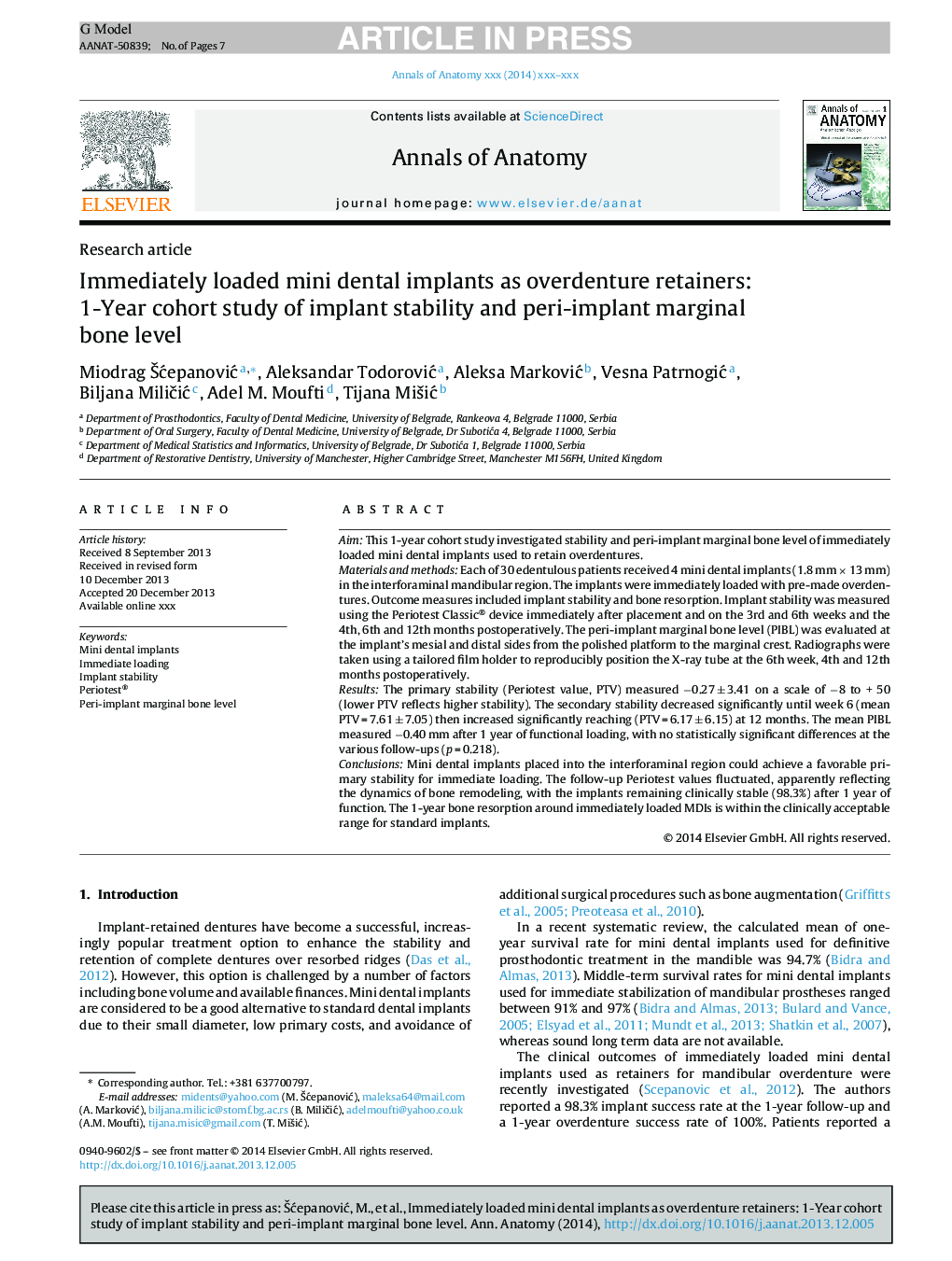 Immediately loaded mini dental implants as overdenture retainers: 1-Year cohort study of implant stability and peri-implant marginal bone level