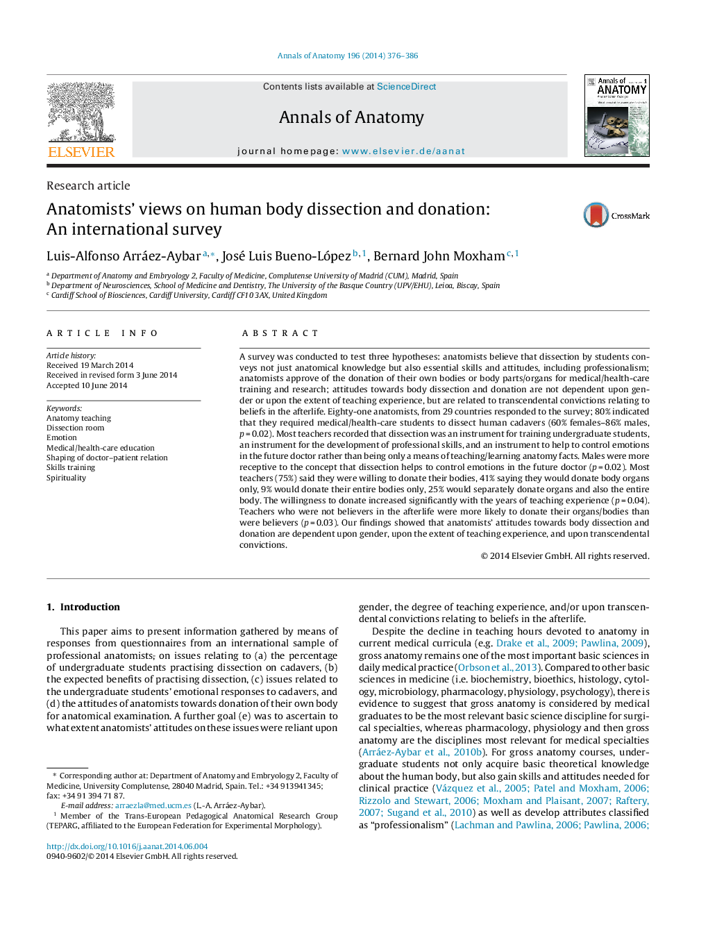 Anatomists' views on human body dissection and donation: An international survey